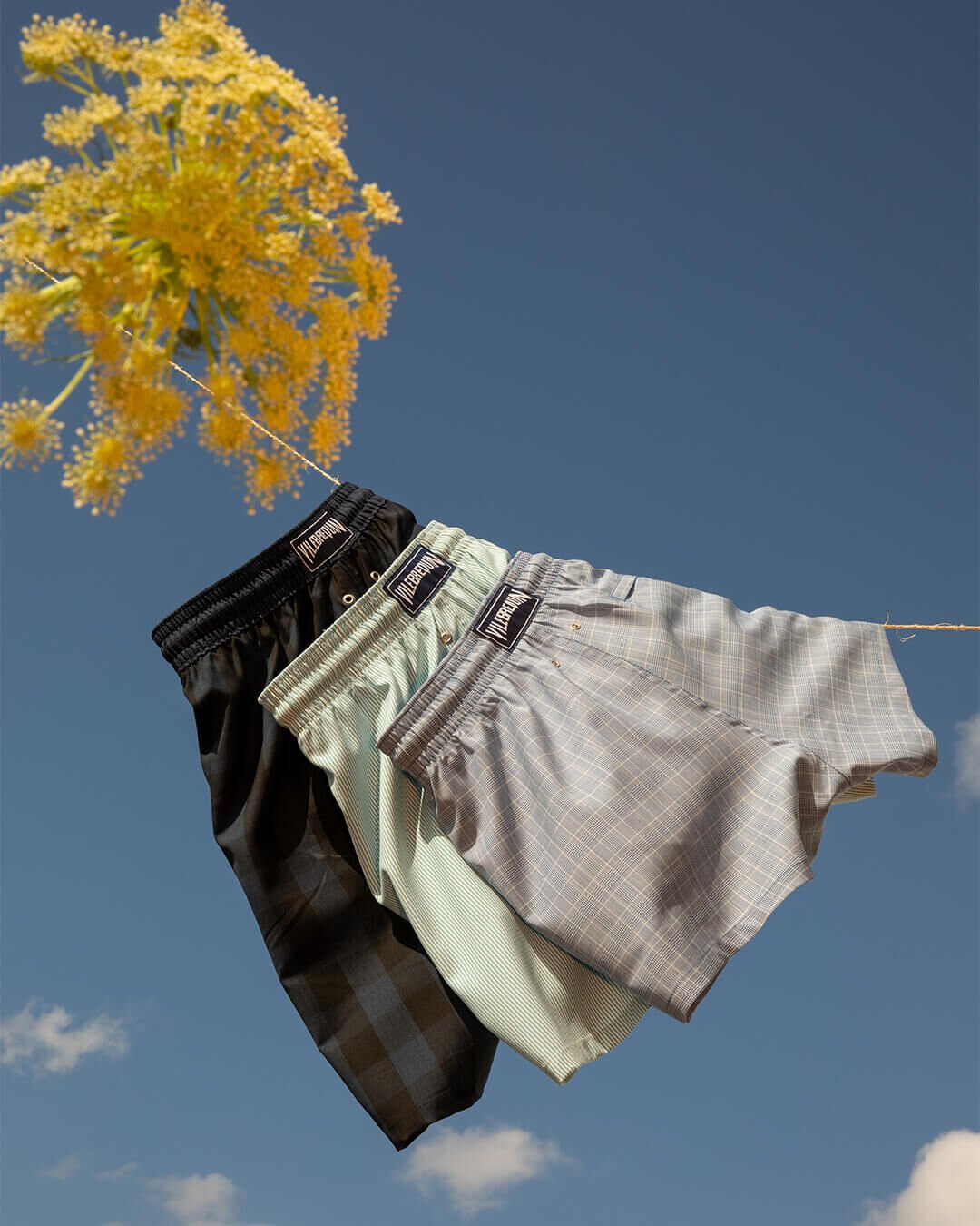 Three swimming shorts hanging from a rope
